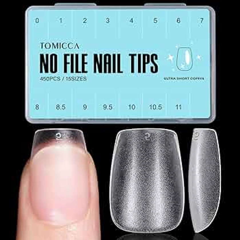 TOMICCA Extra Short Coffin Nail Tips - 450Pcs Full Cover, Soft Acrylic Fake Gel Nail Tips for Nail Extension, 15 Sizes Pre-shaped Double-sided Matte with Box