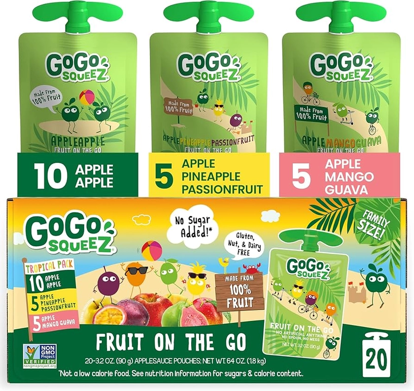 GoGo squeeZ Fruit on the Go Variety Pack, Apple, Mango Guava & Pineapple Passionfruit, 3.2 oz (Pack of 20), Unsweetened Snacks for Kids, No Gluten, Nut Dairy, Recloseable Cap, BPA Free Pouches