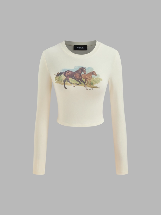 Knit Fabric Round Neckline Horse Graphic Long Sleeve Crop Top For Daily Casual School