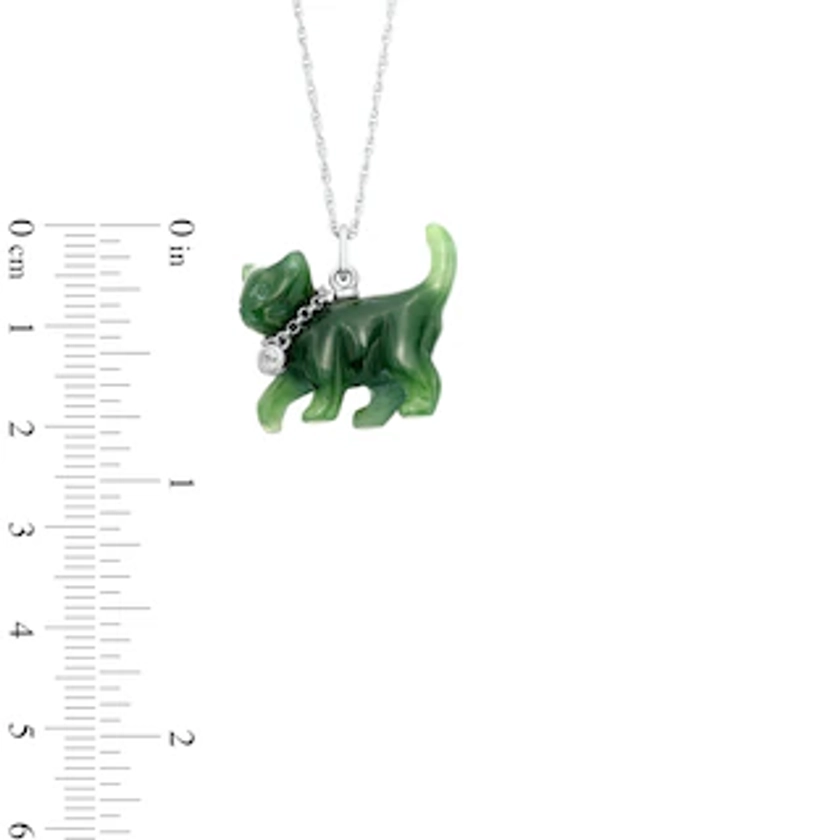 Jade and White Lab-Created Sapphire Bezel-Set Chain Collar Cat Pendant in Sterling Silver