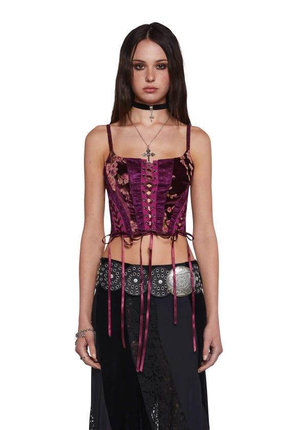 Current Mood Floral Velvet Lace Corset Top - Dark Red