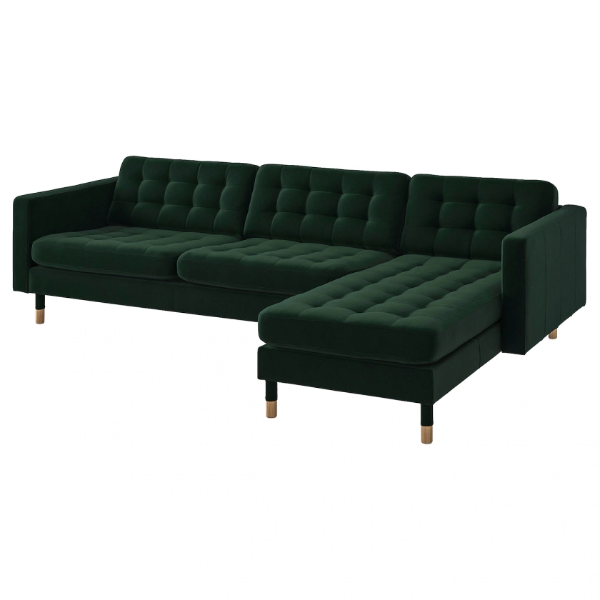 LANDSKRONA 4-seat sofa, with chaise longue/Djuparp dark green/wood - IKEA