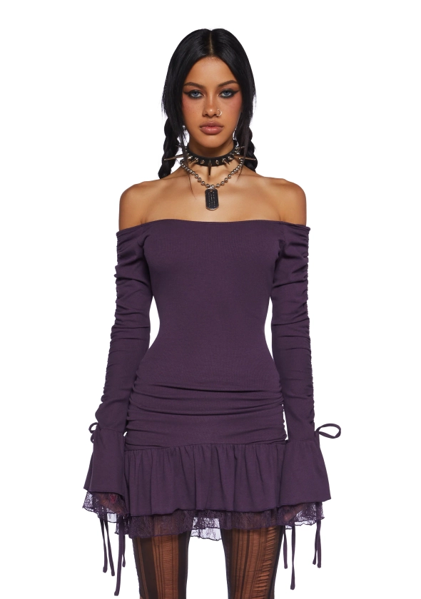 Current Mood Punquetee Punk Rock Ribbed Knit Lace Off-The-Shoulder Mini Dress - Purple