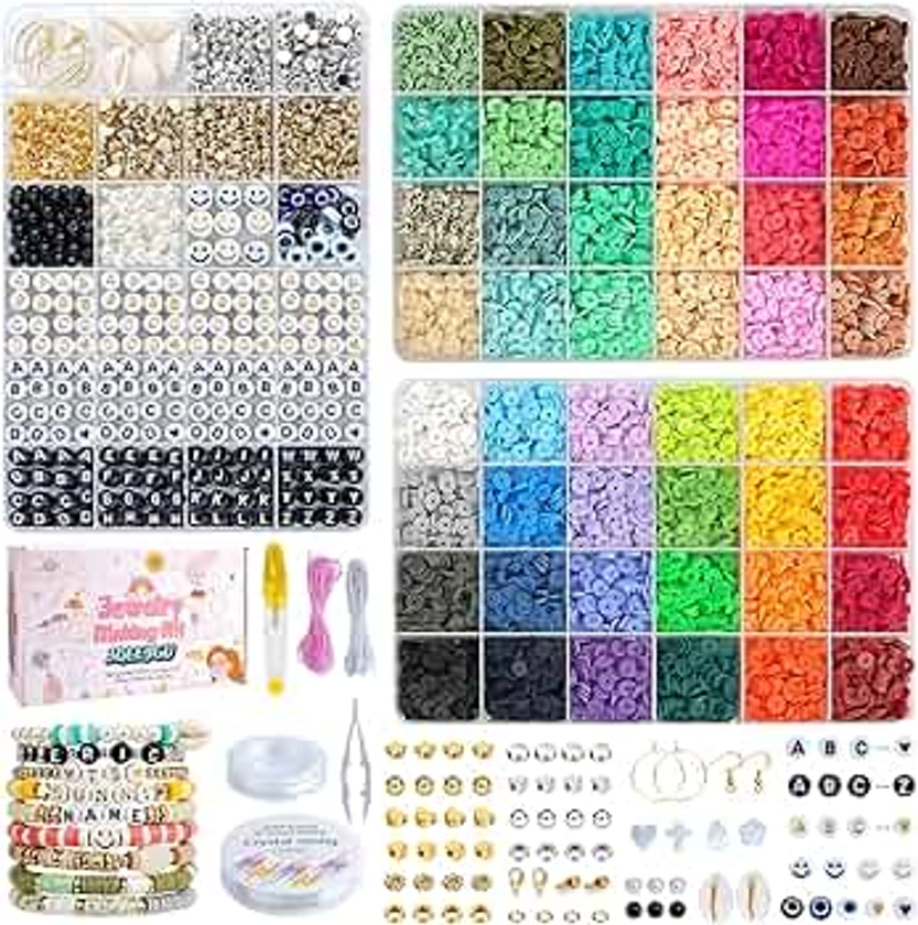 Bracelet Making Kit 3 Boxes - 11,000pcs Clay Beads - 48 Fashion Colors Beads for Friendship Bracelet Kit - Polymer Heishi Letter Beads for Jewelry Making - Adults Teen Girls Trendy Gift
