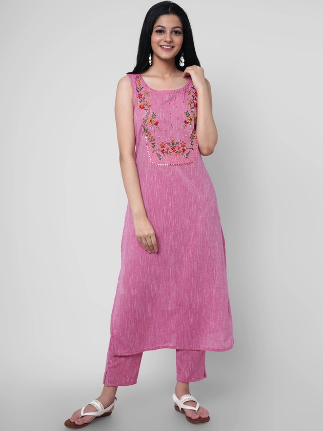KALINI Women Pink Floral Embroidered Mirror Work Pure Cotton Kurta with Trousers