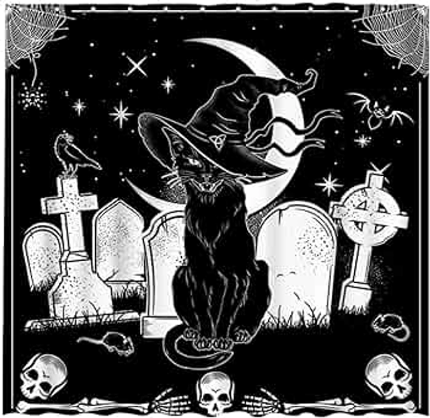 Allenjoy 72" x 72" Halloween Black Witch Cat Shower Curtain for Bathroom Set Gothic Psychic Tarot Ouija Board Spooky Cemetery Home Bath Bathtub Decoration Durable Fabric Machine Washable with 12 Hooks