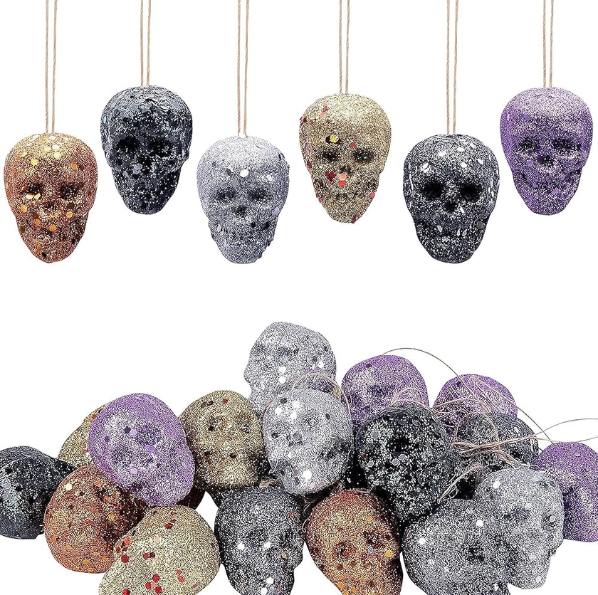 Sfcddtlg 30 PCS Halloween Colorful Mini Hanging Skull Heads-Halloween Foam Hanging Skeleton Head Decoration-Halloween Hanging Ornament for Halloween Mardi Gras Party and Xmas Tree Supplies