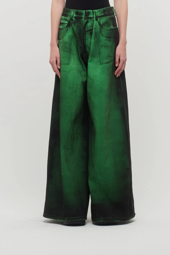 Melitta Baumeister Wide Leg Denim Pants in Green Painted Cotton Denim
