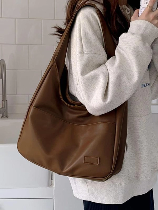 Summer 2024 Trendy Solid Color Large Capacity Tote Bag for Women for Mother's Day Gift, Retro Fashion Pu Leather Snap Purse Handbag, Casual Commuting Purse College Students Class Shoulder Bag, Matching Underarm Bag Spring