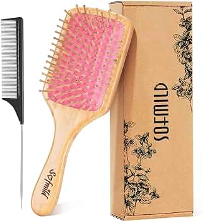 Sofmild Hair Brush-Natural Wooden Bamboo Brush-Eco Friendly Detangle Paddle Hairbrush for Women Men and Kids Massage Scalp Increase Hair Growth