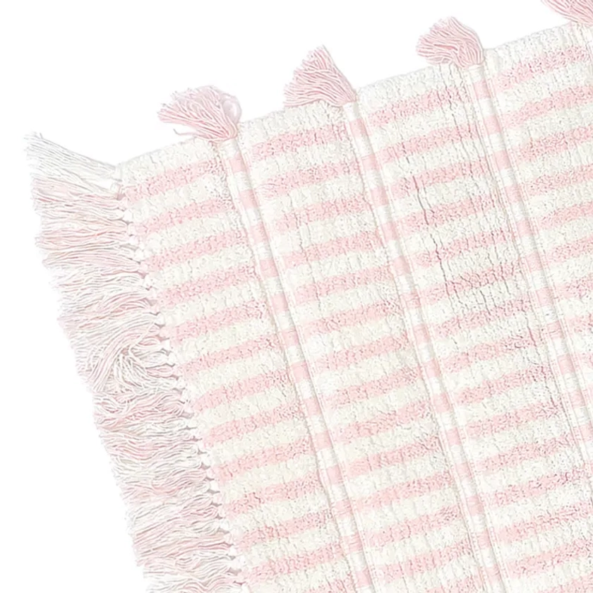 Honeybloom Pink Striped Cotton Bath Rug with Tassels, 20x30