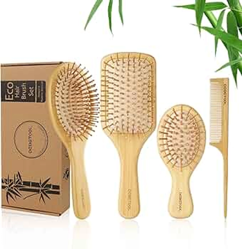 Bamboo Hair Brush and Comb Set for Women Men and Kids,Natural Bamboo wood Wide-tooth brush and tail comb - Paddle Detangling Brush for Wet Dry Curly Hair