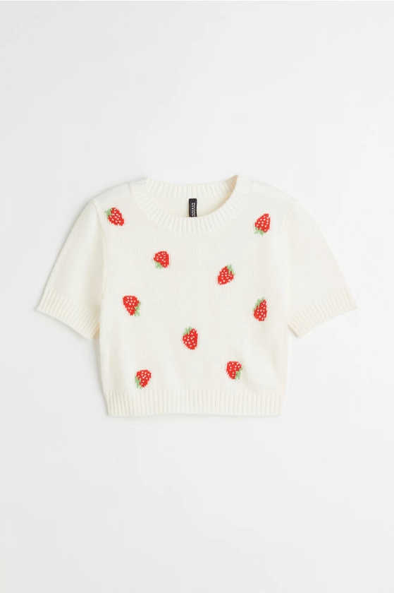 Crop top en maille - Blanc/fraises - FEMME | H&M FR