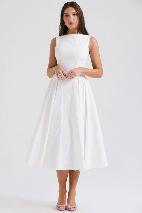 Clothing : Midi Dresses : 'Cindy' White Twill Midi Sundress