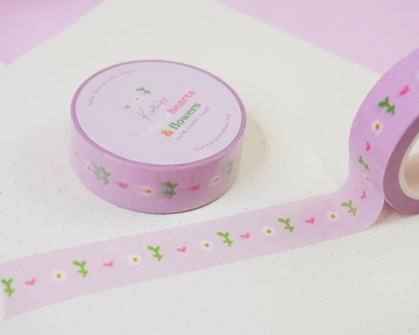 Minimalist Lilac Daisy Heart & Flower Washi Tape ~ Kawaii Stationary ~ Cute Washi Tape ~ Kawaii Washi Tape ~ Cute Washi Tape ~ Katnipp