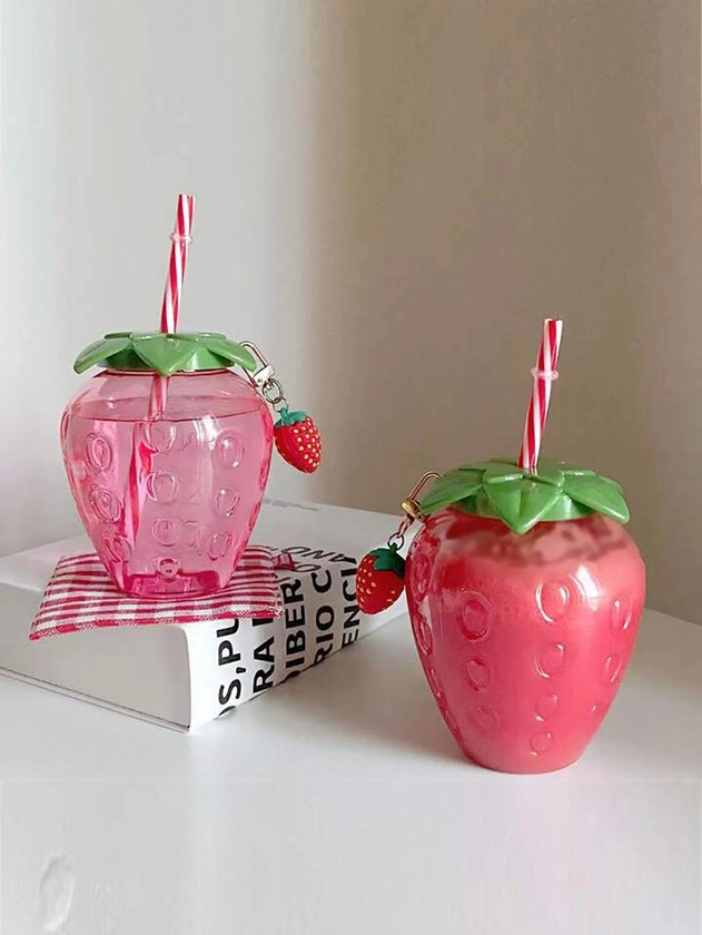 1pc Plastic Strawberry Design Drinking Tumbler With Straw, Creative Strawberry Decor Tumbler For Home