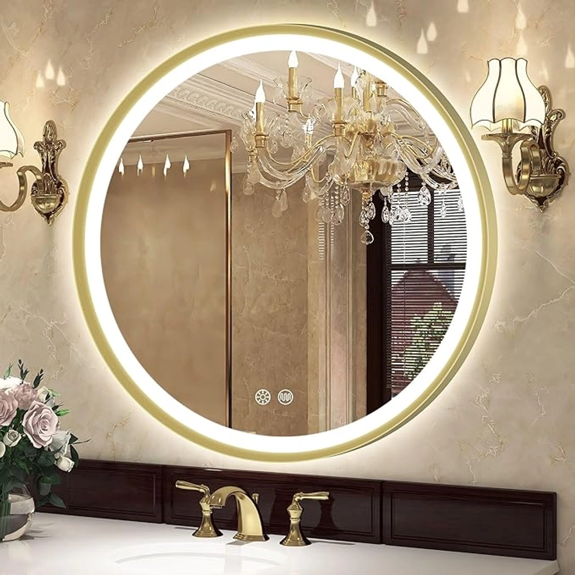 S'bagno Miroir-Rond-Salle-de-Bain-avec-Eclairage avec Cadre en Aluminium Doré, 60cm Diamètre Miroir LED Salle de Bain avec Désembuage/Dimmable/ 3 Couleur, IP44 Miroir Lumineux Salle de Bain : Amazon.fr: Cuisine et Maison