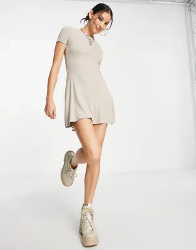 Pull&Bear short sleeve mini dress in stone