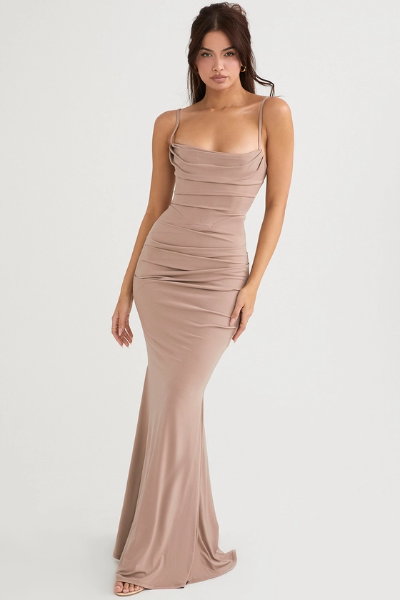 Clothing : Maxi Dresses : 'Milena' Almond Jersey Corset Maxi Dress