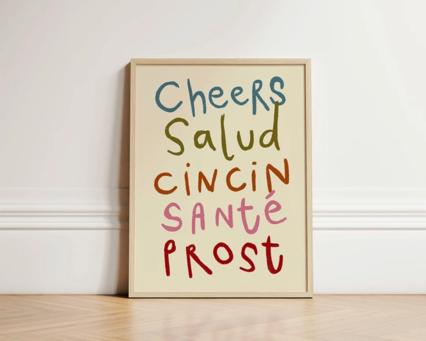 Colourful Cheers Print, Typography Poster, Retro Wall Art, Kitchen Wall Prints, Aesthetic Decor, Gallery Wall, Home Inspo, UNFRAMED