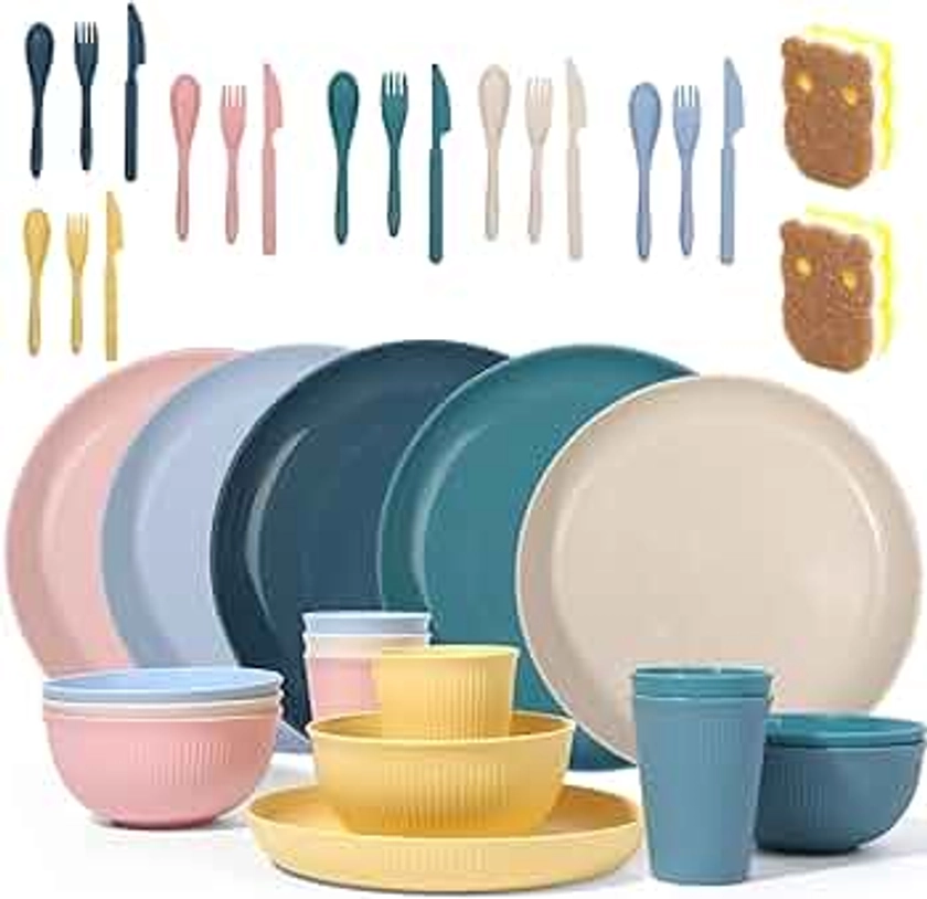 Wheat Straw Dinnerware Sets -DAPIPIK 36 Piece Unbreakable Dinnerware Sets for 6, Wheat Straw Plates and Bowls Set, Lightweight Camping Plates Cups and Bowls Set.Dishwasher Microwave Safe Dinnerware