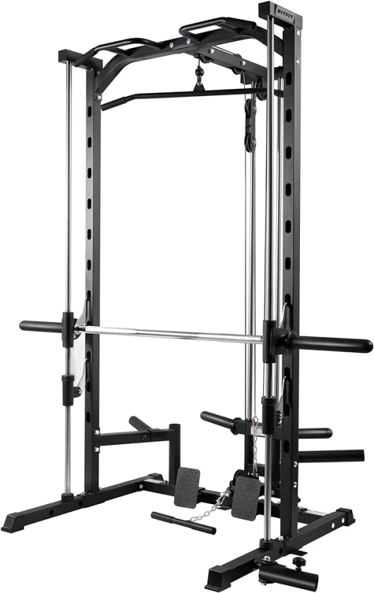 RitFit Smith Machine Power Rack with LAT-Pull Down System, Landmine, Barbell Bar, Plate Storage Pegs and More Training Attachment