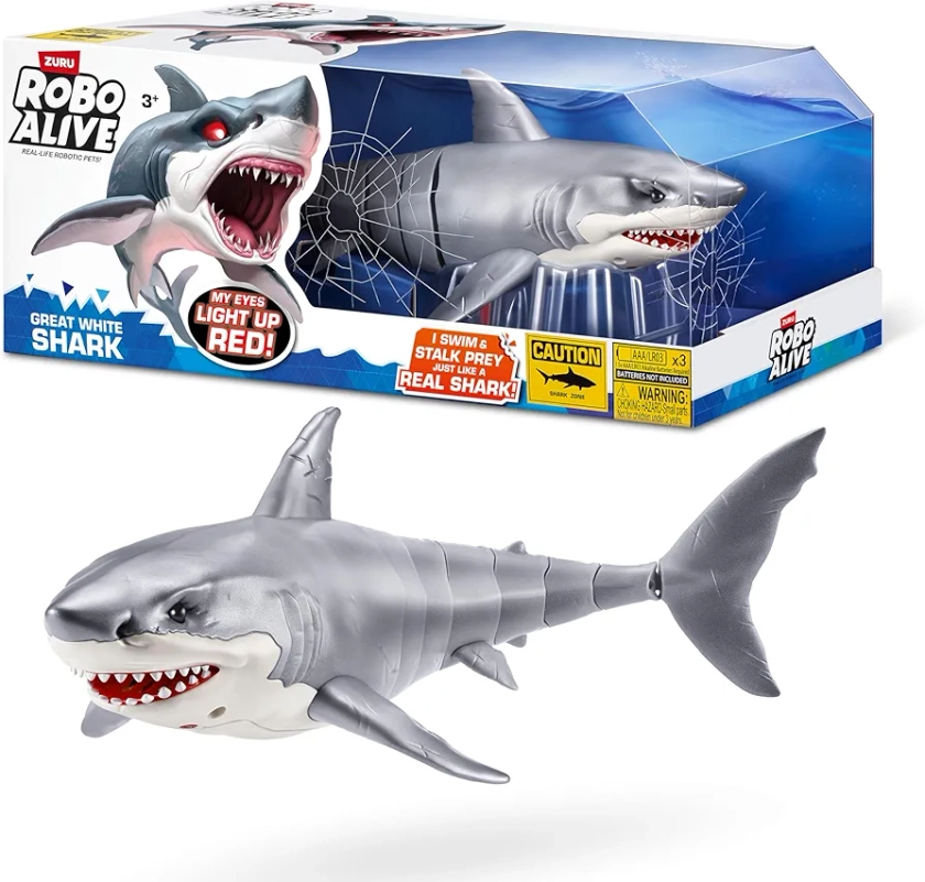 ROBO ALIVE Great White Shark Series 1 by Zuru, Battery-Powered Robotic Light Up Shark Toy, Summer Pool Toy, Bath Toy