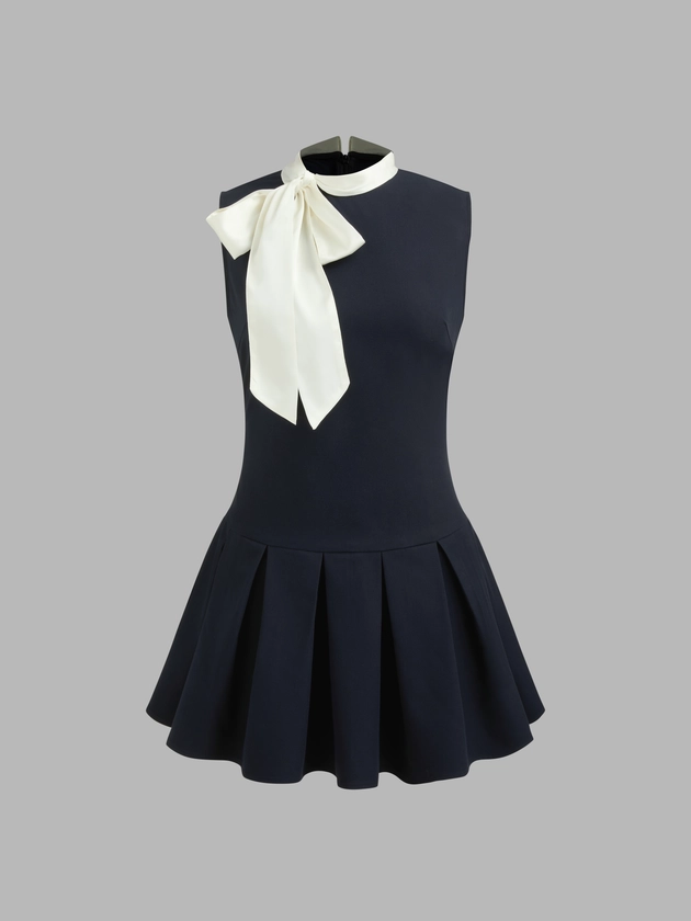 Drop Waist Dress Woven Stand Collar Solid Bowknot Pleated Mini Dress For Date School