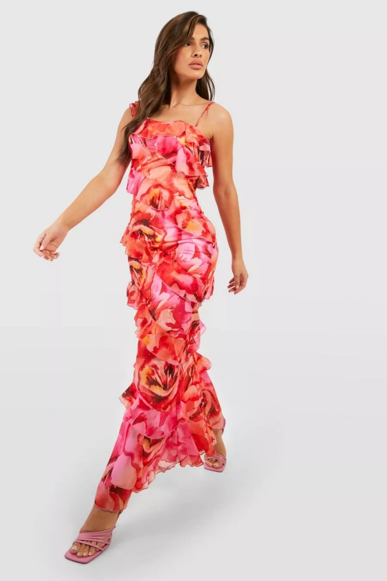 Floral Ruffle Chiffon Asymmetric Maxi Dress