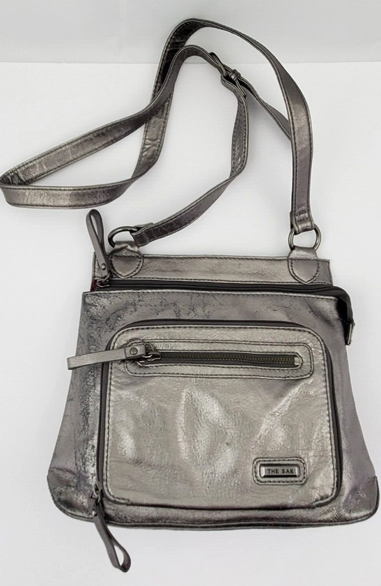 The SAK Used Metallic Pewter Slim Small Leather Crossbody Shoulder Bag