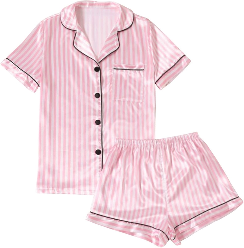 LYANER Women's Striped Silky Satin Pajamas Short Sleeve Top with Shorts Sleepwear PJ Set