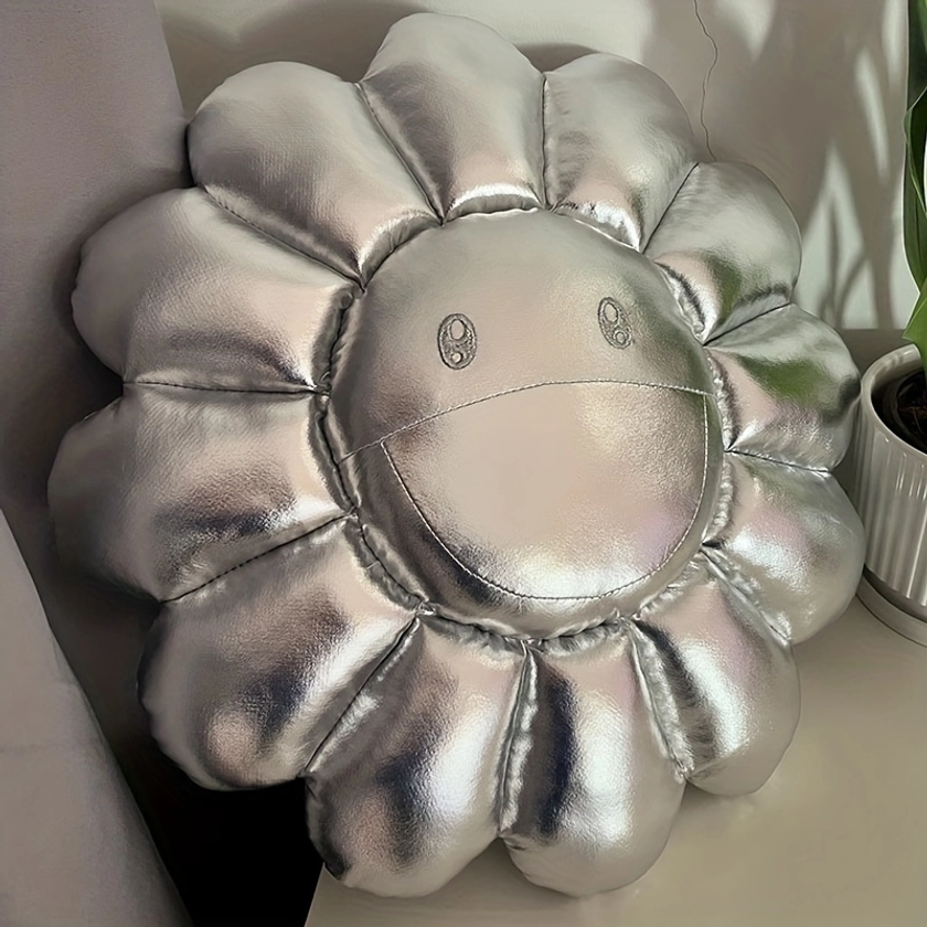1pc Silvery Sunflower Cushion, Leather Texture Mat, For Bedroom Living Rom Home Decoration
