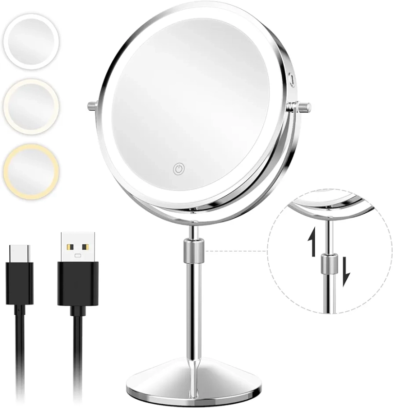TEHEO Vanity Mirror with Lights 8 Inch | 3 Color Lights | Height-Adjustable | Stepless Dimming | 1X/10X Double Sided HD Mirror | 360° Swivel | Rechargeable Type-C | Silver