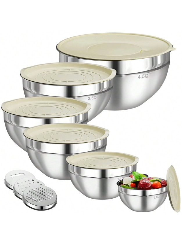 6 PCS Mixing Bowls With Lids Set, Stainless Steel Mixing Bowls With 3 Grater Attachments, Kitchen Food Storage Organizers Nesting Mixing Bowl, Large Size 4.5, 3.5, 2.1, 1.5, 1.1, 0.7QT