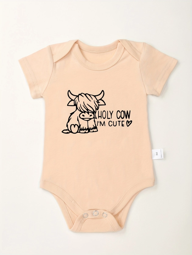 "Holy Cow I'm Cute" Print Baby Boy's Cotton Bodysuit, Comfy Short Sleeve Onesie, Infant's Clothing, As Gift