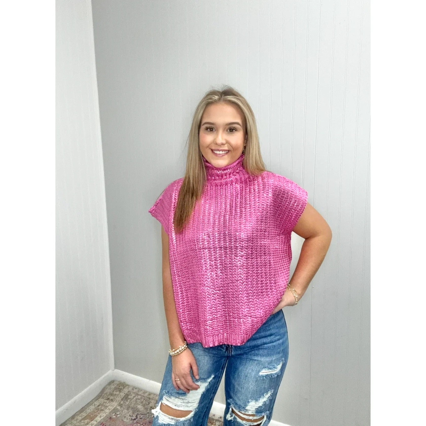 Metallic Foil Sleeveless Turtleneck Sweater Top - Candy Pink