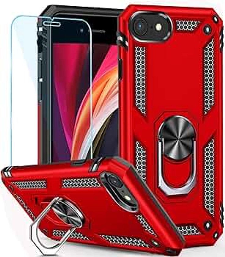 SunStory for iPhone SE 2022 Case, iPhone SE 2020/8/7 Case with HD Screen Protector & Magnetic Ring Kickstand,[Military Grade] Cover for iPhone SE 2022/SE 2020/8 /7 Phone (Red)