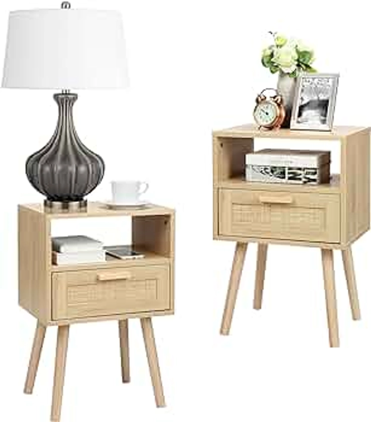 Finnhomy Nightstands Set of 2, End Table, Nightstand, Side Table with Hand Made Rattan Decorated Drawers, Wood Accent Table with Storage for Bedroom, Natural
