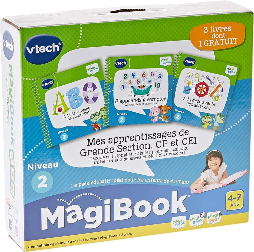 VTech - MagiBook, Pack 3 Livres Éducatifs Niveau 2 Mes Apprentissages de Grande Section, CP et CE1, Pages Illustrées et Interactives, Cadeau Garçon et Fille de 4 Ans à 7 Ans - Contenu en Français