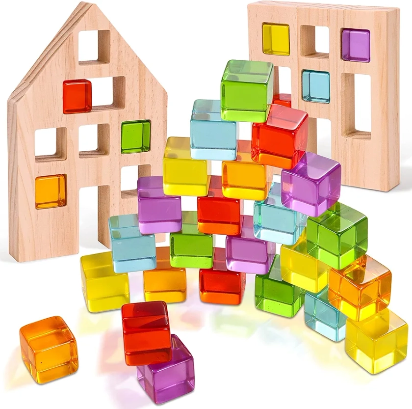 Woodtoe Wooden Building Blocks Set for Kids, 24 PCS Rainbow Gem Cubes Stacking Blocks - 2 Wood House, Montessori Stacking Toy for Toddlers, Educational STEM Birthday for Boys Girls 3-6