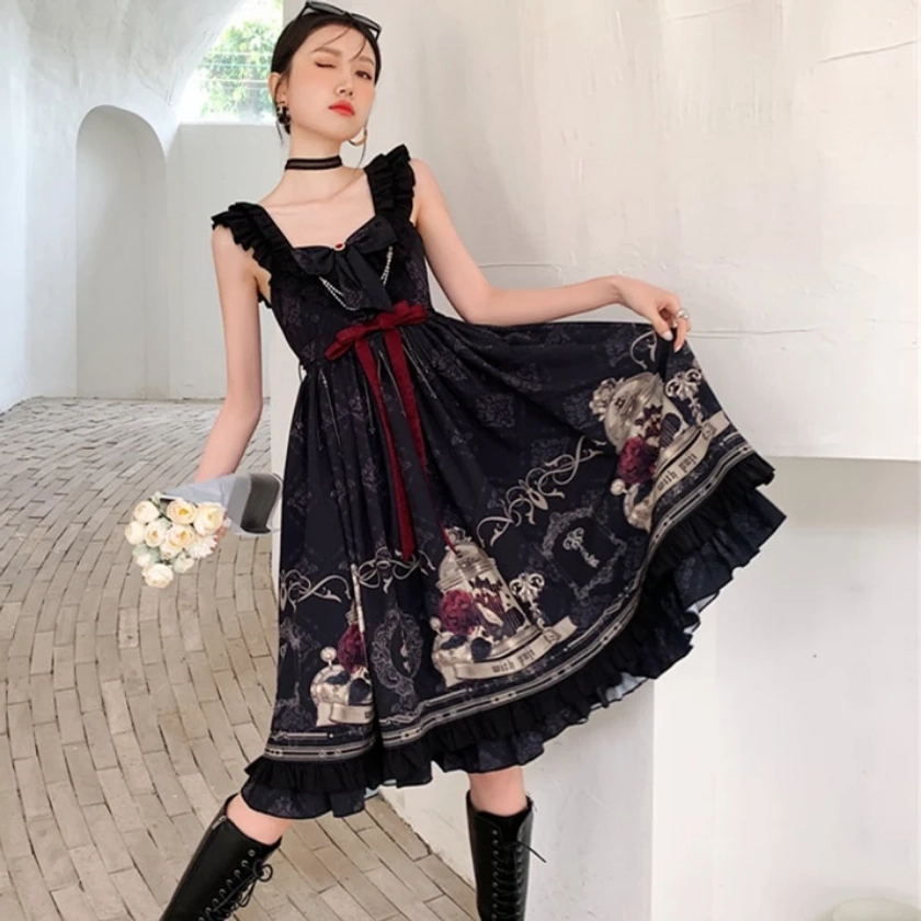 Vestido de estilo Lolita gótico japonés para mujer, vestido Retro victoriano, camisón rosa, tirantes, malla de retazos, Kawaii - AliExpress