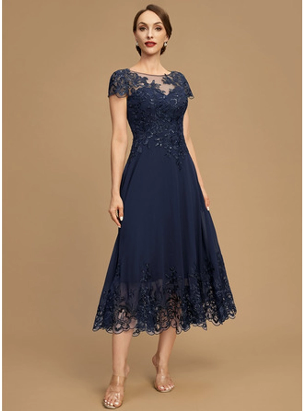 [US$ 214.00] A-line Scoop Illusion Tea-Length Chiffon Lace Mother of the Bride Dress With Sequins (008284766)