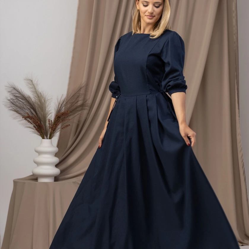 Vintage Inspired Linen Maxi Dress With Puff Sleeves And Pockets In Blue by Nikka Place