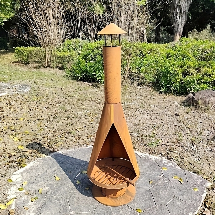 Outdoor Chiminea Fire Pit - Unique Cone Shape Patio Heater, Metal Garden Backyard Fireplace with Protective Cover, Modern Heating Stove, No Lighter De