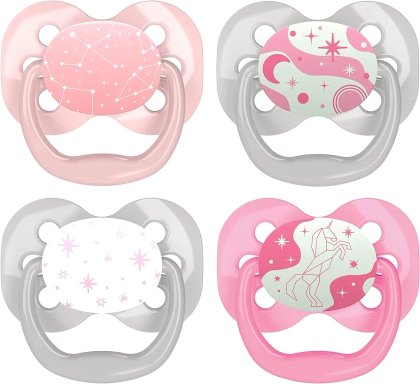Dr. Brown's Advantage Glow-in-the-Dark Baby Pacifier, Fully Symmetrical Soother with Soft Silicone Bulb, 0-6m, BPA Free, Lavender Love and Coral Ocean, 4 Pack (Style May Vary)