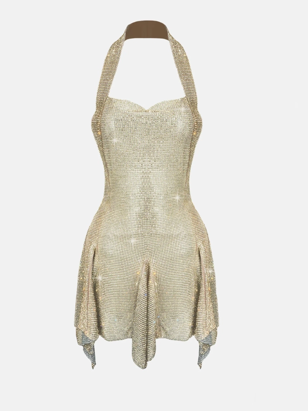Munroe Halterneck Chainmail Mini Dress Gold | POSTER GIRL