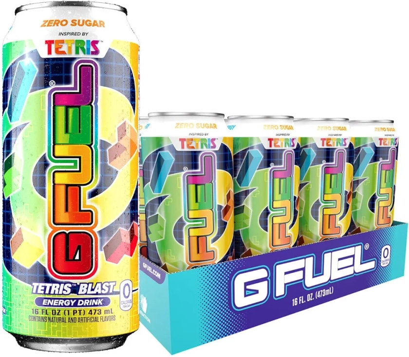 G Fuel Tetris Energy Drink, Sugar Free, Healthy Drinks, Zero Calorie, 300 mg Caffeine per Carbonated Can, Candy Flavor, Focus Amino, Vitamin + Antioxidants Blend - 12 Pack