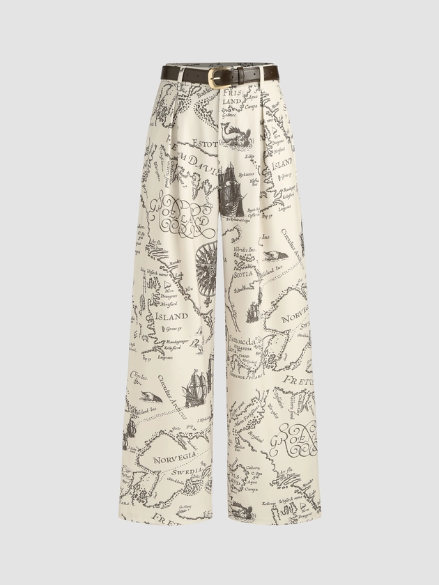 Mid Waist All Over Print Wide Leg Trousers With Belt