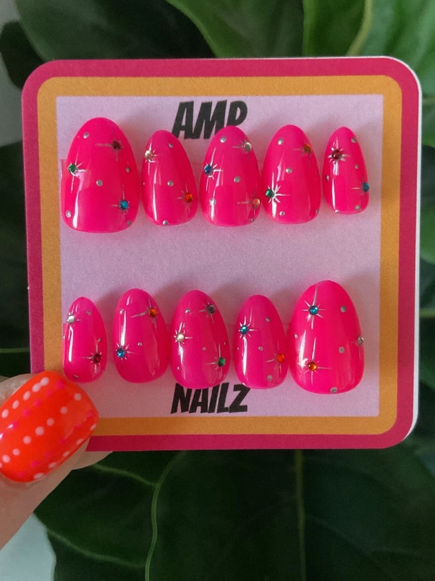 Hand Painted Neon Pink Starburst Press on Nails,gel Nails, Star Nails, Coloeful Nails,rhinestone Nails,bright Nails,pink Nails, Bling - Etsy