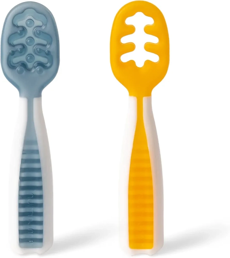 NumNum - Pack 2 PréCuillère d'Apprentissage pour Bébé (6+) - Bleu + Orange - Silicone - Ideal BLW